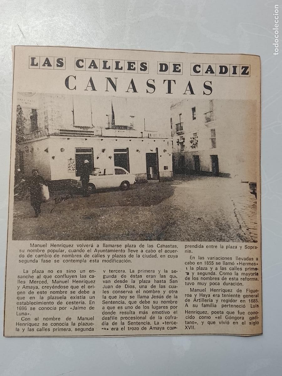 Colecionismo da Revista &iexcl;Hola!: DIARIO 1979 80 RECORTE COLECCION CALLES DE CADIZ CAPITAL - CALLE CANASTAS