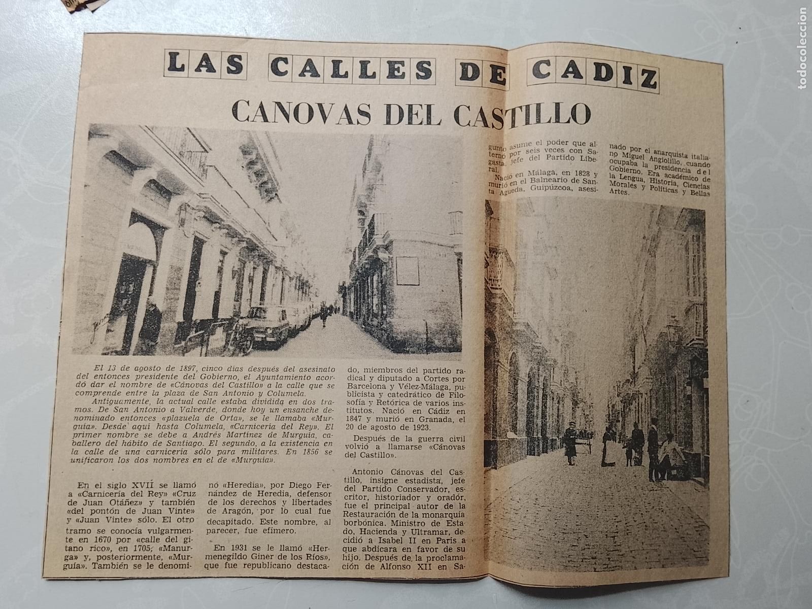 Collectionnisme de Magazine &iexcl;Hola!: DIARIO 1979 80 RECORTE COLECCION CALLES DE CADIZ CAPITAL - CALLE CANOVAS DEL CASTILLO