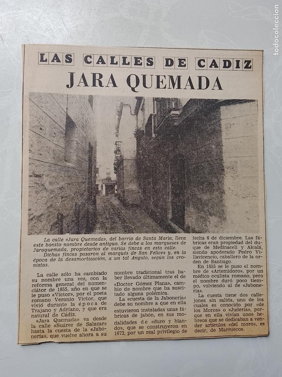 Coleccionismo de Revista Hola: DIARIO 1979 80 RECORTE COLECCION CALLES DE CADIZ CAPITAL - CALLE JARA QUEMADA