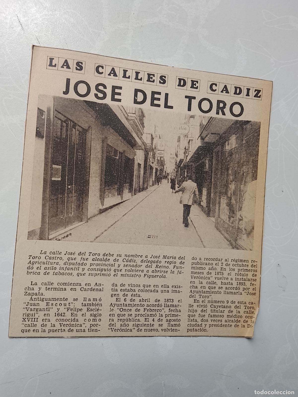Coleccionismo de Revista Hola: DIARIO 1979 80 RECORTE COLECCION CALLES DE CADIZ CAPITAL - CALLE JOSE DEL TORO