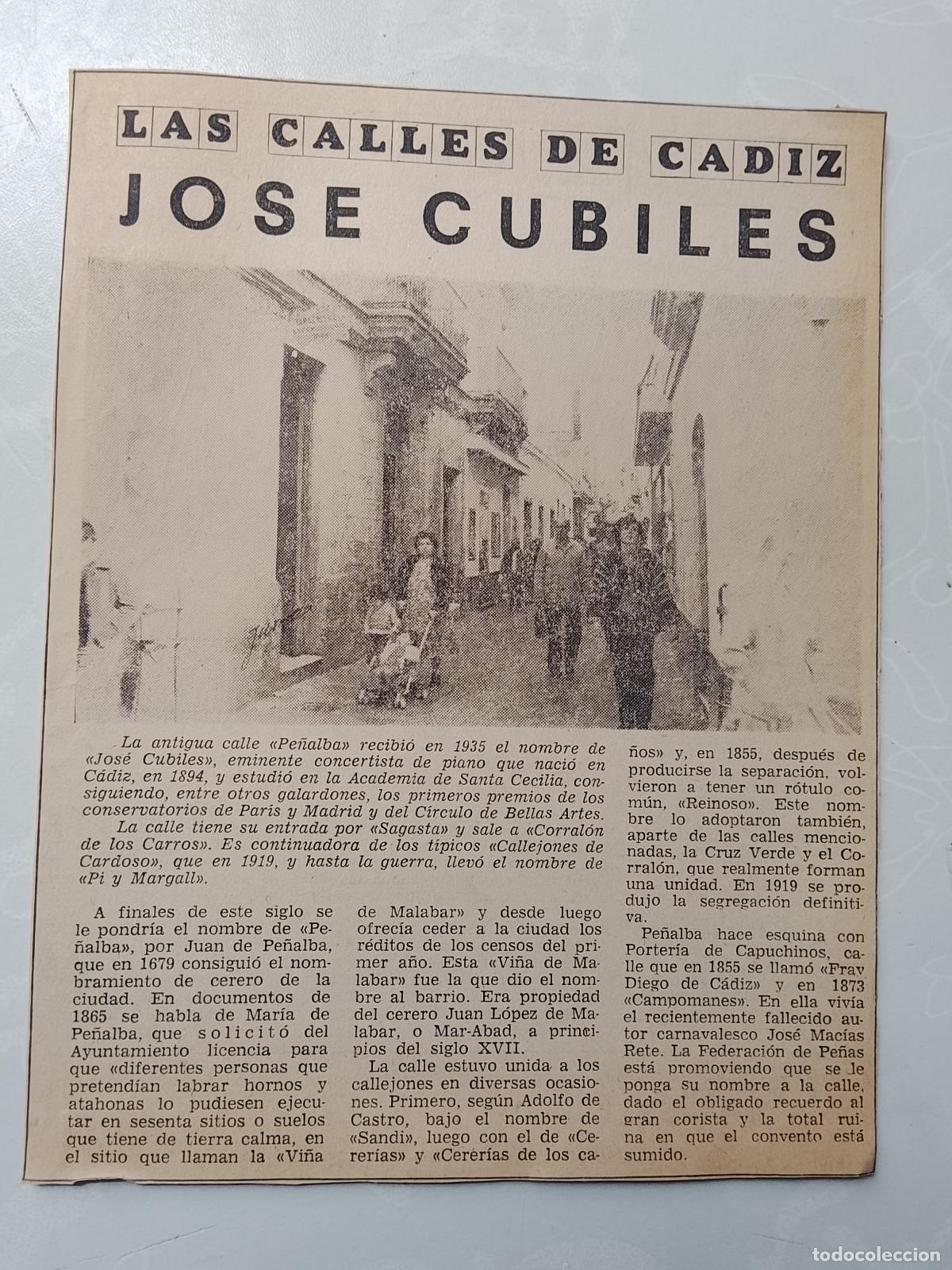 Coleccionismo de Revista Hola: DIARIO 1979 80 RECORTE COLECCION CALLES DE CADIZ CAPITAL - CALLE JOSE CUBILES