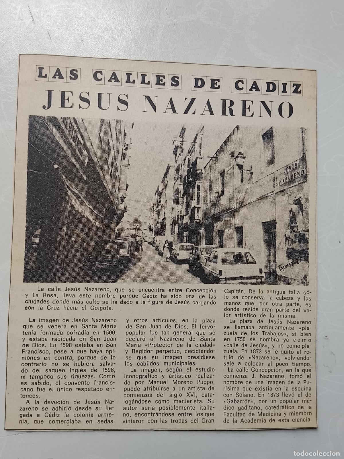 Coleccionismo de Revista Hola: DIARIO 1979 80 RECORTE COLECCION CALLES DE CADIZ CAPITAL - CALLE JESUS NAZARENO