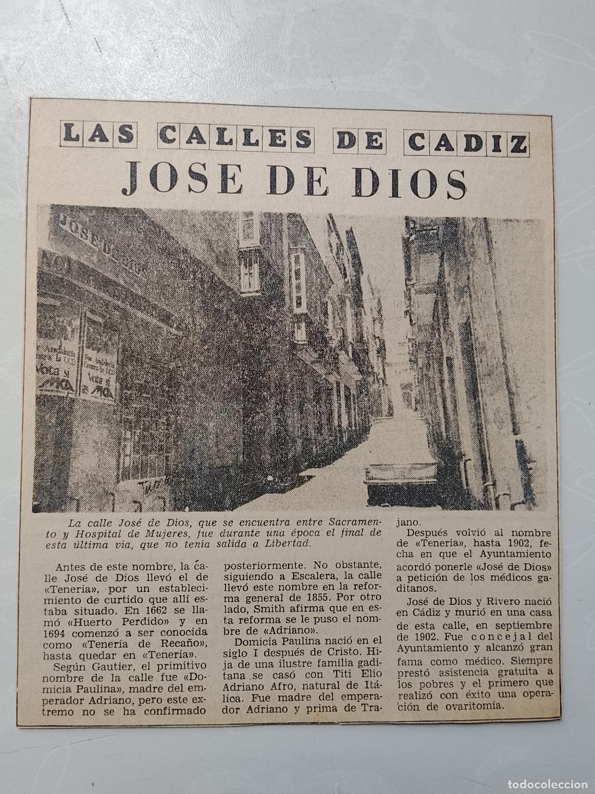 Coleccionismo de Revista Hola: DIARIO 1979 80 RECORTE COLECCION CALLES DE CADIZ CAPITAL - CALLE JOSE DE DIOS