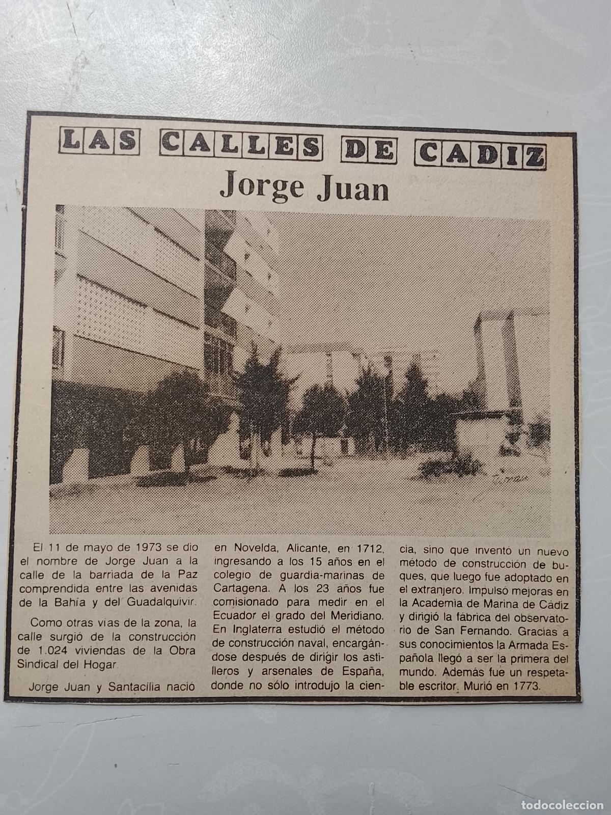 Coleccionismo de Revista Hola: DIARIO 1979 80 RECORTE COLECCION CALLES DE CADIZ CAPITAL - CALLE JORGE JUAN