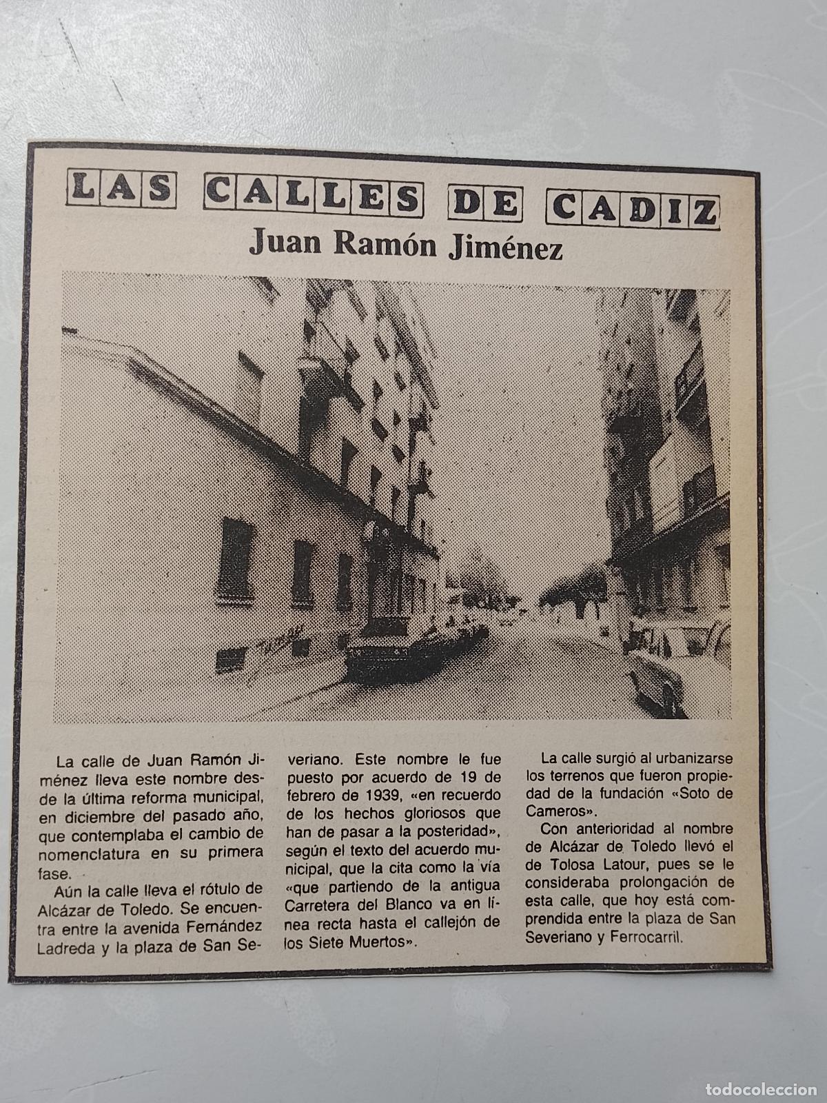 Coleccionismo de Revista Hola: DIARIO 1979 80 RECORTE COLECCION CALLES DE CADIZ CAPITAL - CALLE JUAN RAMON JIMENEZ