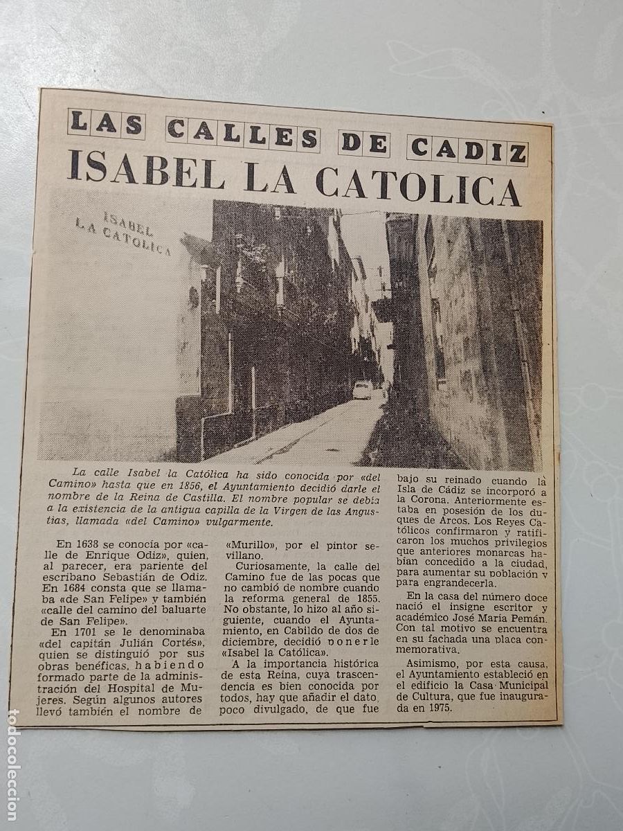 Coleccionismo de Revista Hola: DIARIO 1979 80 RECORTE COLECCION CALLES DE CADIZ CAPITAL - CALLE ISABEL LA CATOLICA