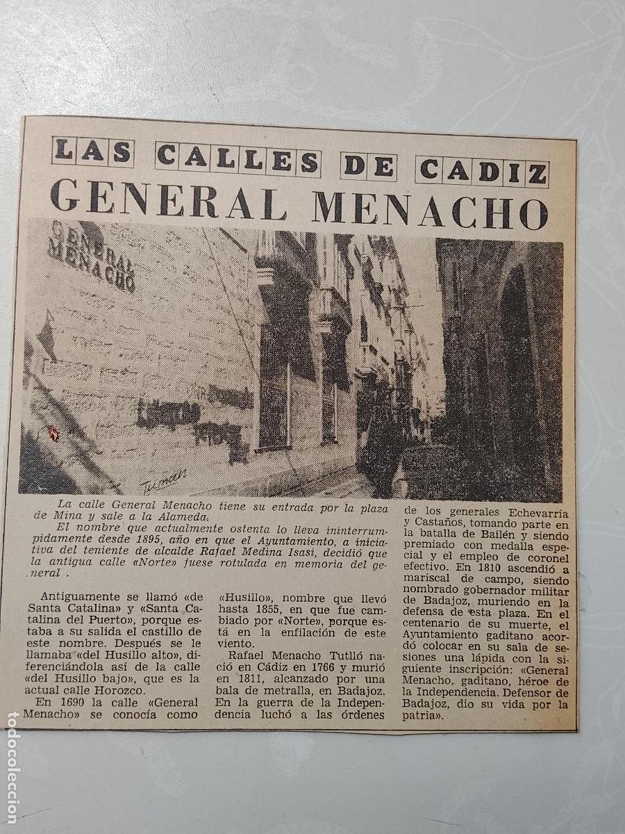 Coleccionismo de Revista Hola: DIARIO 1979 80 RECORTE COLECCION CALLES DE CADIZ CAPITAL - CALLE GENERAL MENACHO