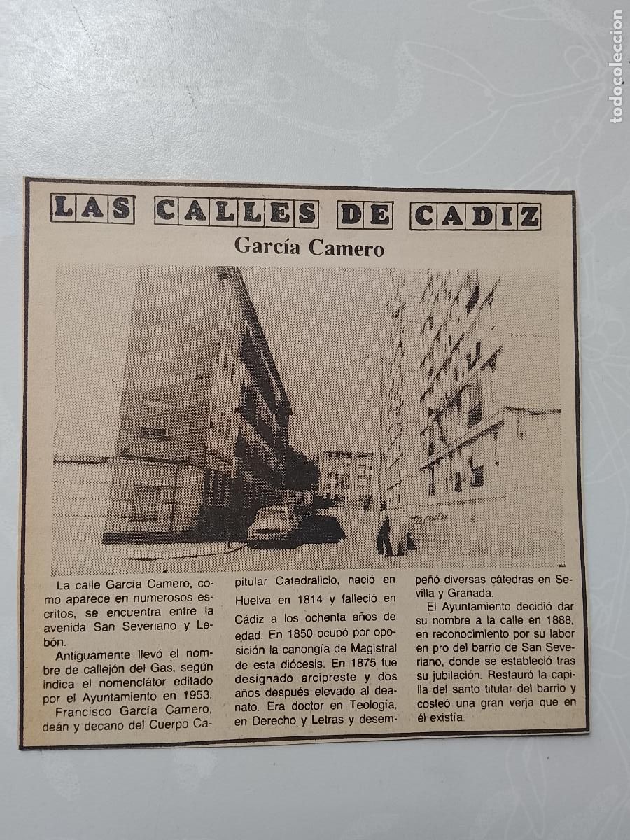 Coleccionismo de Revista Hola: DIARIO 1979 80 RECORTE COLECCION CALLES DE CADIZ CAPITAL - CALLE GARCIA CAMERO