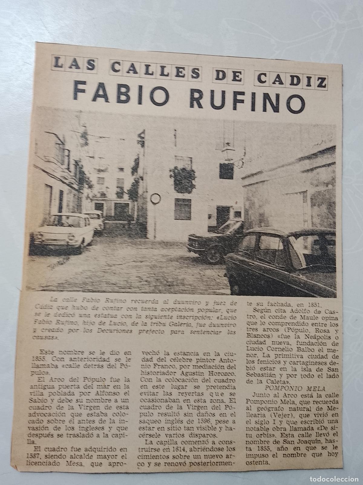 Coleccionismo de Revista Hola: DIARIO 1979 80 RECORTE COLECCION CALLES DE CADIZ CAPITAL - CALLE FABIO RUFINO