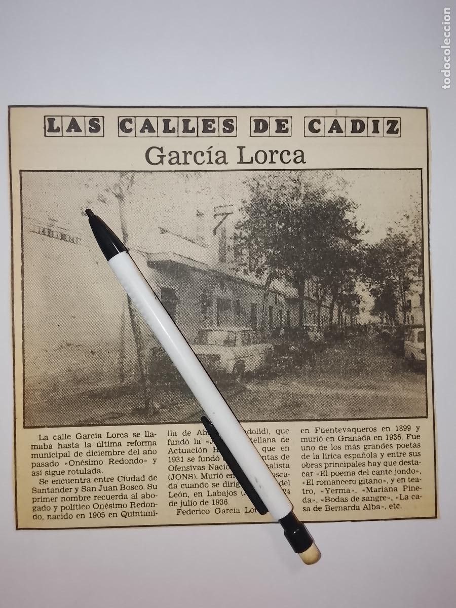 Collezionismo di Rivista &iexcl;Hola!: DIARIO 1979 80 RECORTE COLECCION CALLES DE CADIZ CAPITAL - CALLE - GARCIA LORCA