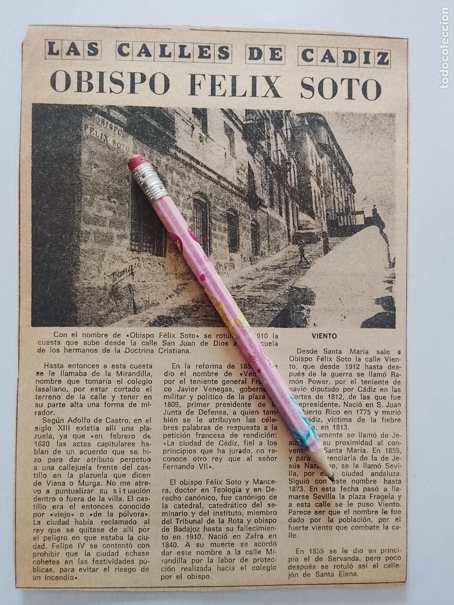 Collection Magazine &iexcl;Hola!: DIARIO 1979 80 RECORTE COLECCION CALLES DE CADIZ CAPITAL - CALLE OBISPO FELIX SOTO