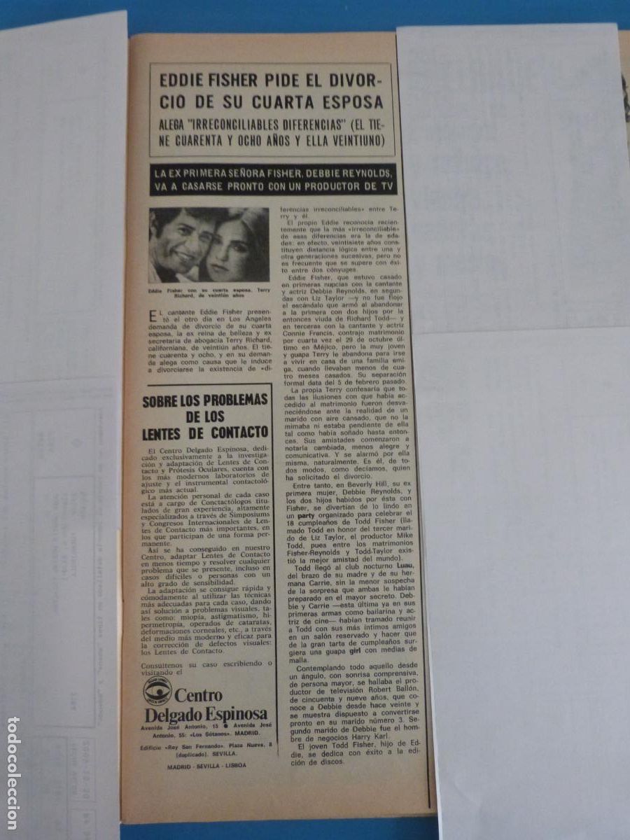 Coleccionismo de Revista Hola: RECORTE CLIPPING EDDIE FISHER REVISTA HOLA N&ordm; 1644 PAG. 15