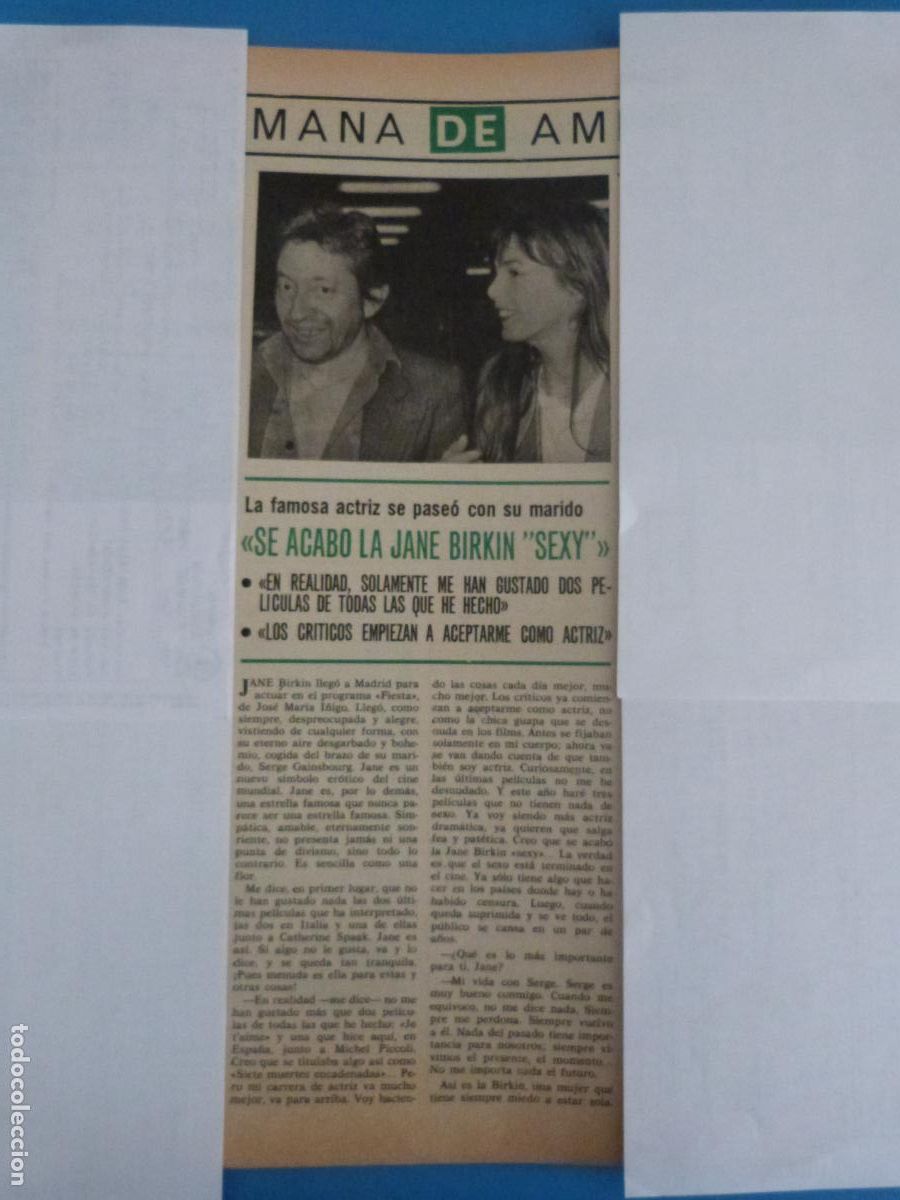 Coleccionismo de Revista Hola: RECORTE CLIPPING JANE BIRKIN REVISTA HOLA N&ordm; 1694 PAG. 62