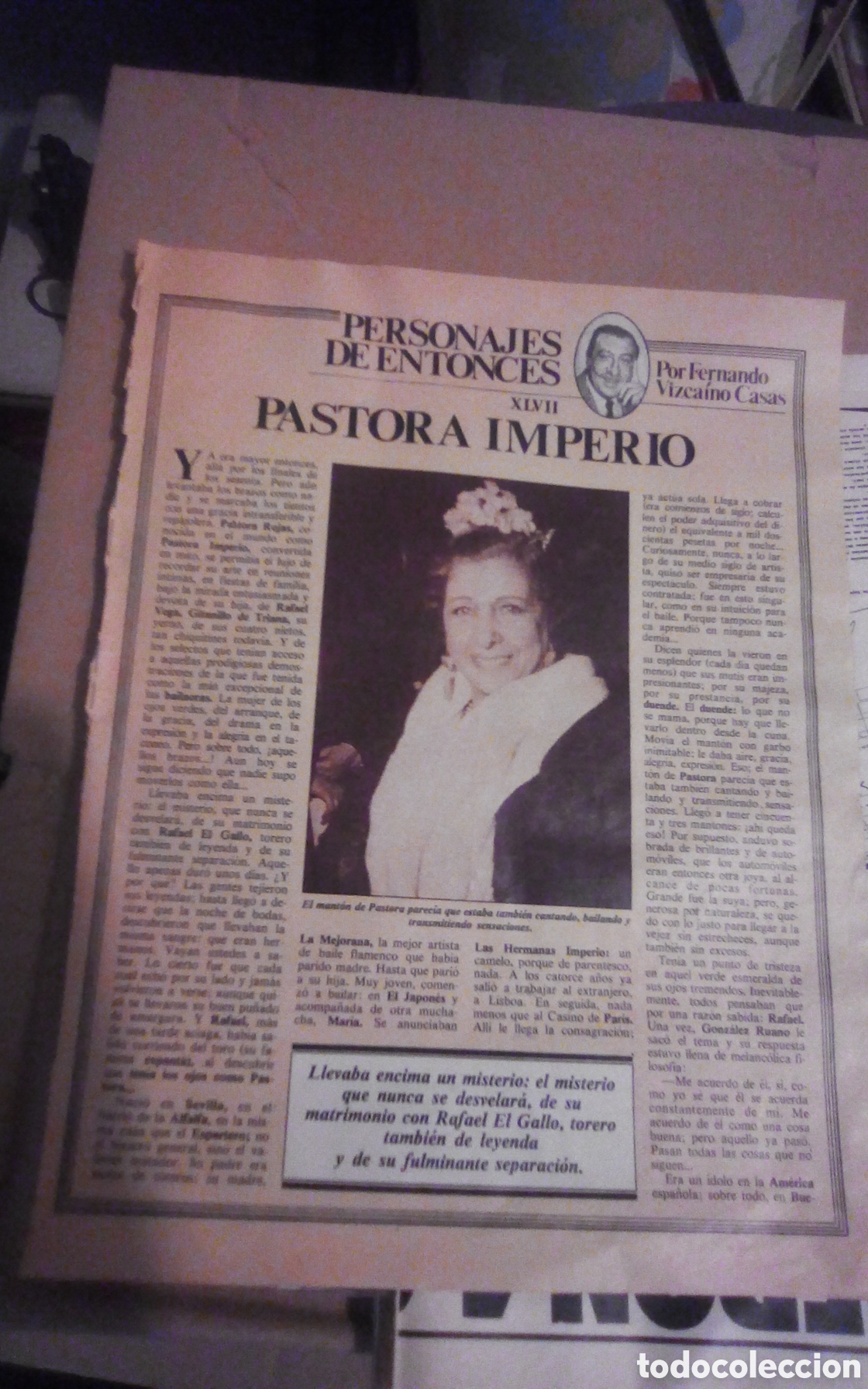 Coleccionismo de revista Intervi&uacute;: Personajes de entonces XLVII. Pastora Imperio. Por Fernando Vizca&iacute;no Casas. 1 Hoja recorte revista