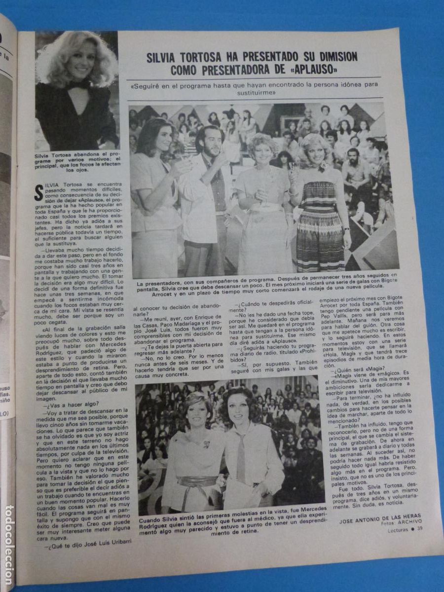 Collezionismo di Riviste: RECORTE CLIPPING SILVIA TORTOSA APLAUSO REVISTA LECTURAS N&ordm; 1510 PAG. 39
