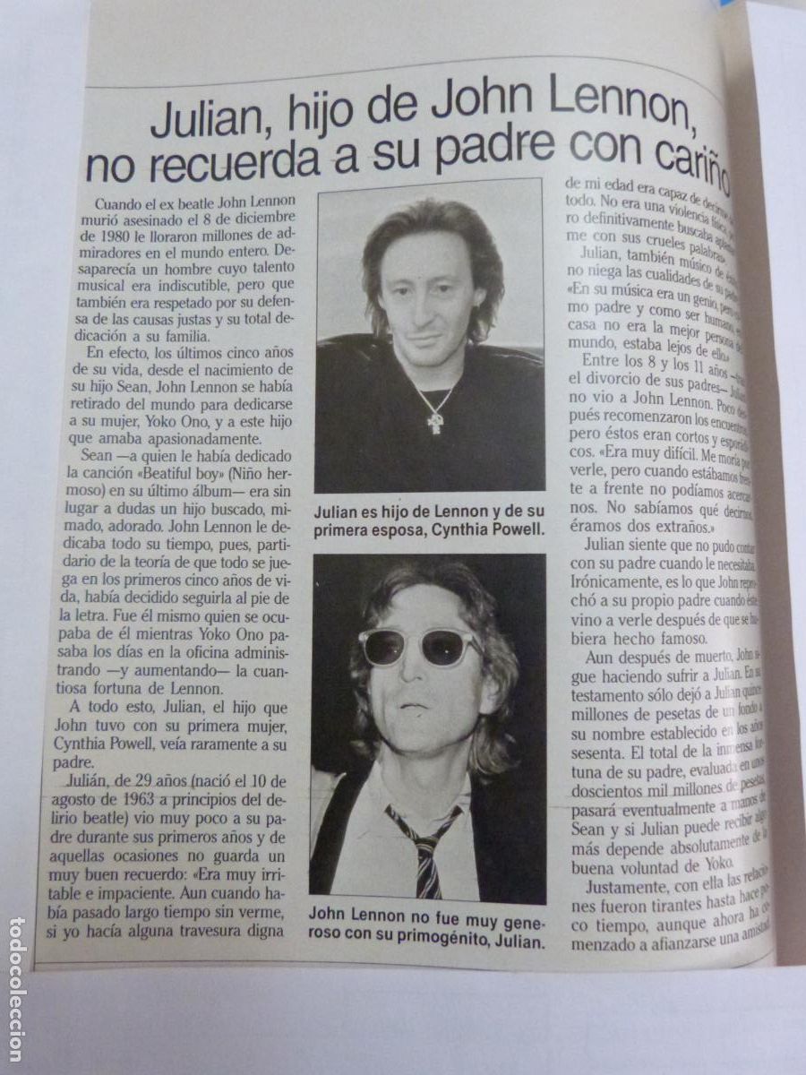 Coleccionismo de Revistas: RECORTE CLIPPING JOHN LENNON E HIJO REVISTA LECTURAS N&ordm; 2117 PAG. 90