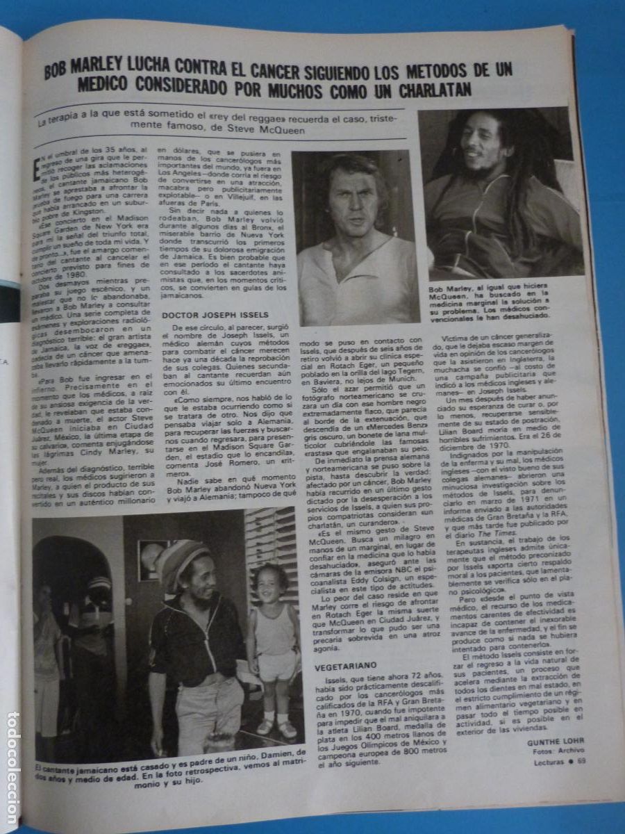 Coleccionismo de Revistas: RECORTE CLIPPING BOB MARLEY REVISTA LECTURAS N&ordm; 1509 PAG. 69