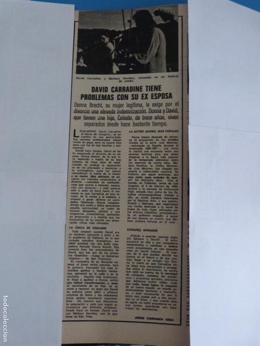 Coleccionismo de Revistas: RECORTE CLIPPING DAVID CARRADINE REVISTA LECTURAS N&ordm; 1152 PAG. 38