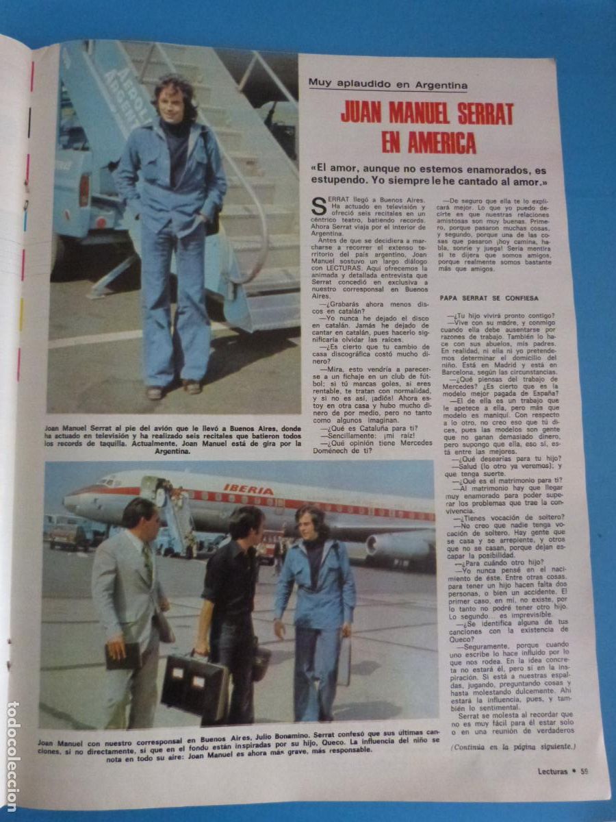 Coleccionismo de Revistas: RECORTE CLIPPING JOAN MANUEL SERRAT REVISTA LECTURAS N&ordm; 1152 PAG. 59,60