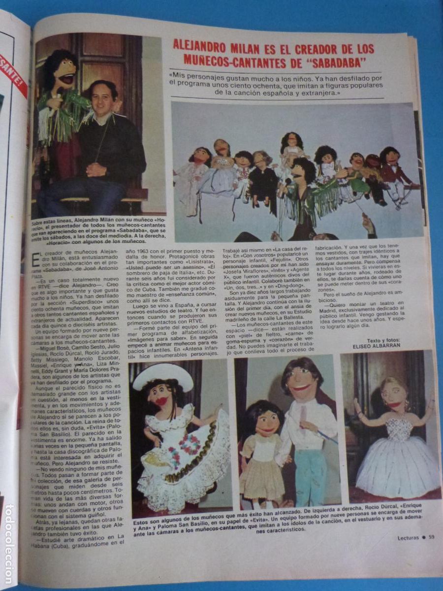 Coleccionismo de Revistas: RECORTE CLIPPING ALEJANDRO MILAN SABADABA REVISTA LECTURAS N&ordm; 1511 PAG. 59