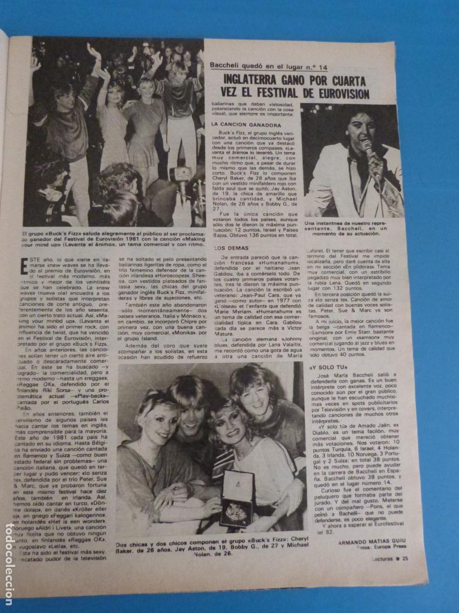 Coleccionismo de Revistas: RECORTE CLIPPING EUROVISI&Oacute;N 1981 REVISTA LECTURAS N&ordm; 1513 PAG. 25