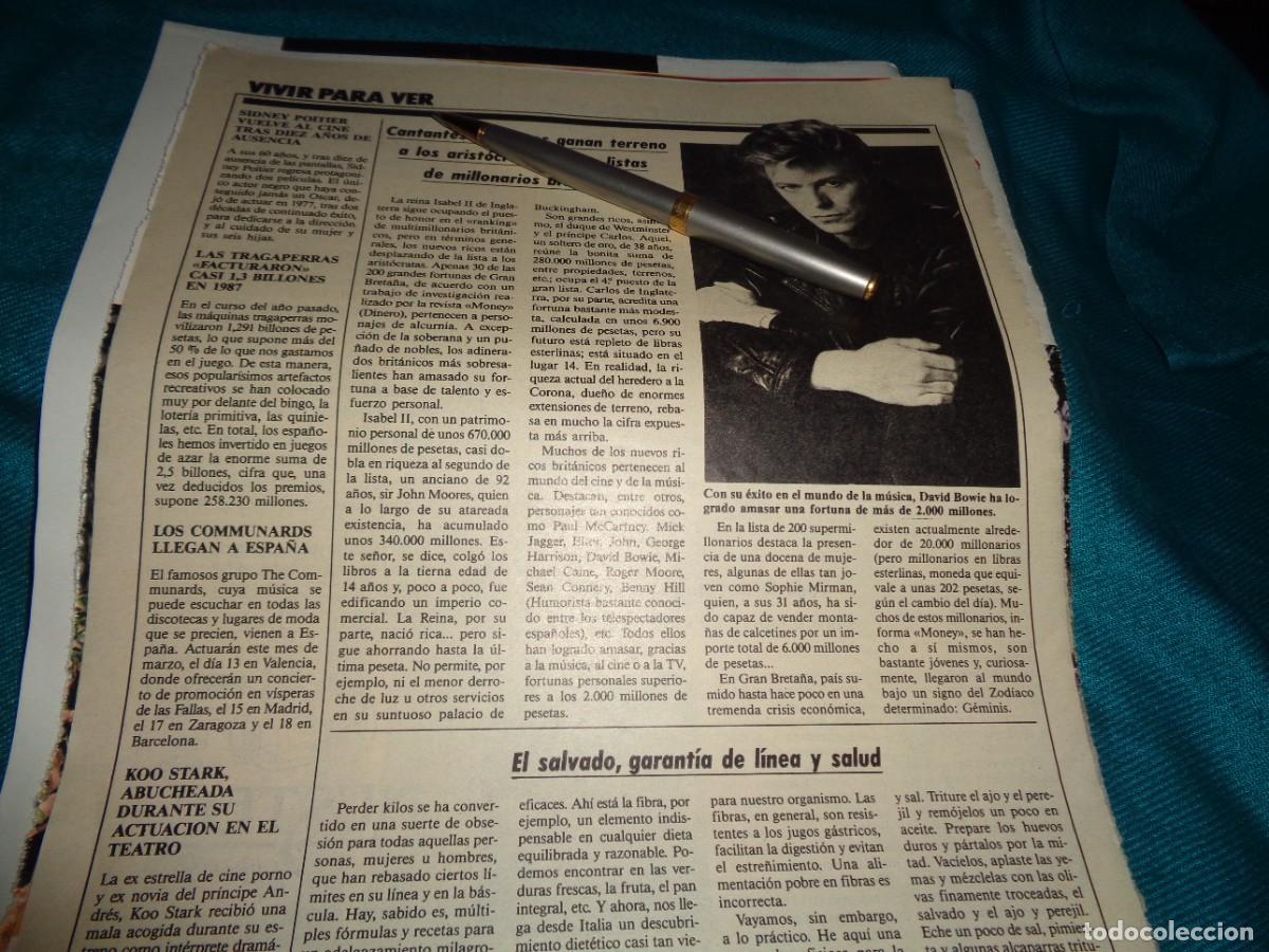 Coleccionismo de revistas: RECORTE : DAVID BOWIE. LECTURAS, MARZO 1988