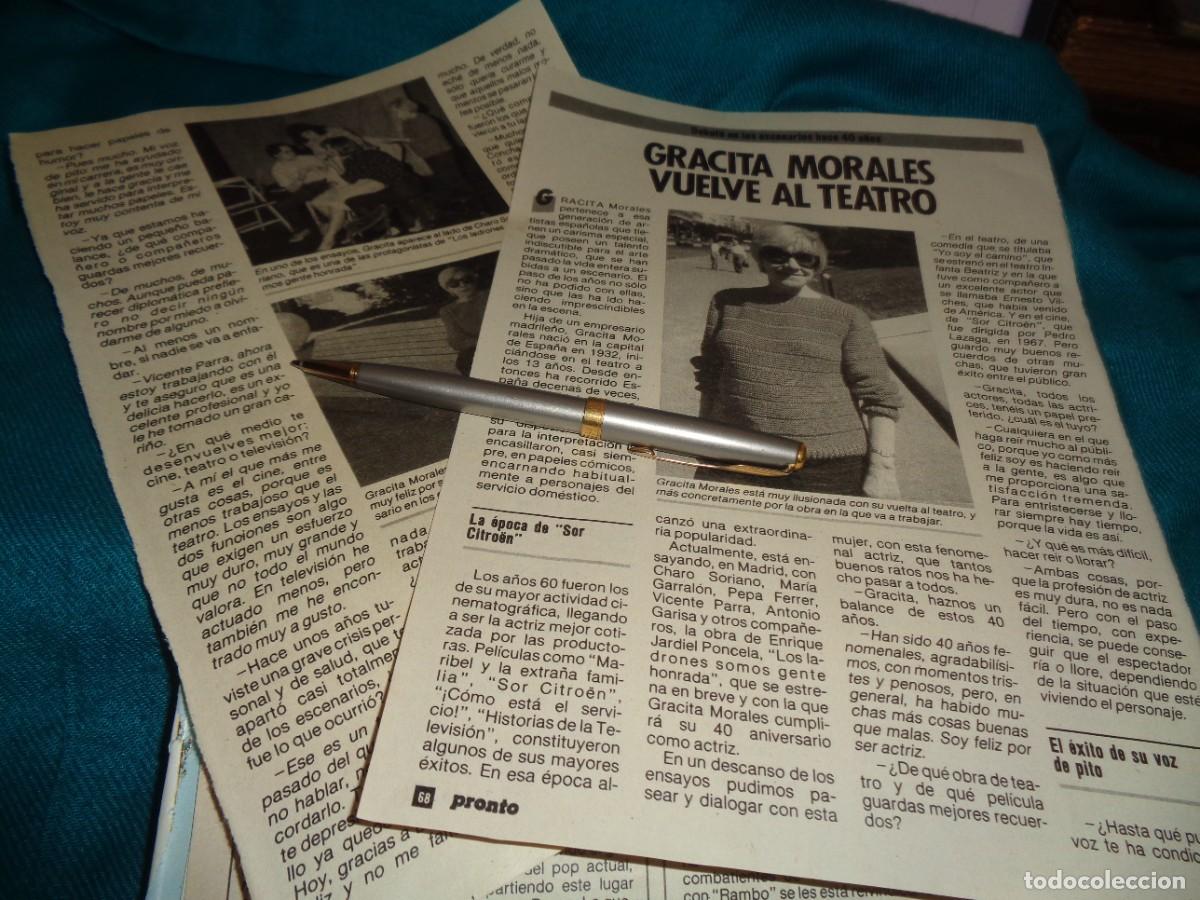 Coleccionismo de revista Pronto: RECORTE : GRACITA MORALES VUELVE AL TEATRO. PRONTO, OCT 1985