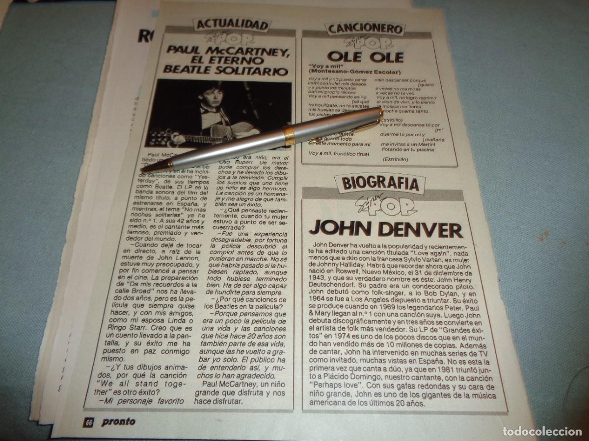 Coleccionismo de revista Pronto: RECORTE : PAUL McCARTNEY. OLE OLE. JOHN DENVER. PRONTO, FBRO 1985