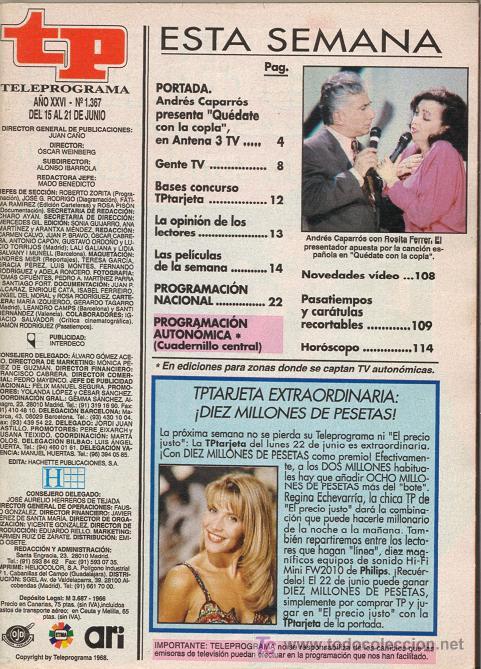 Coleccionismo de revista Teleprograma: TP TELEPROGRAMA 1367 - JUNIO DE 1992 - ANDR&Eacute;S CAPARR&Oacute;S - LE FALTA LAS TAPAS. - Foto 1