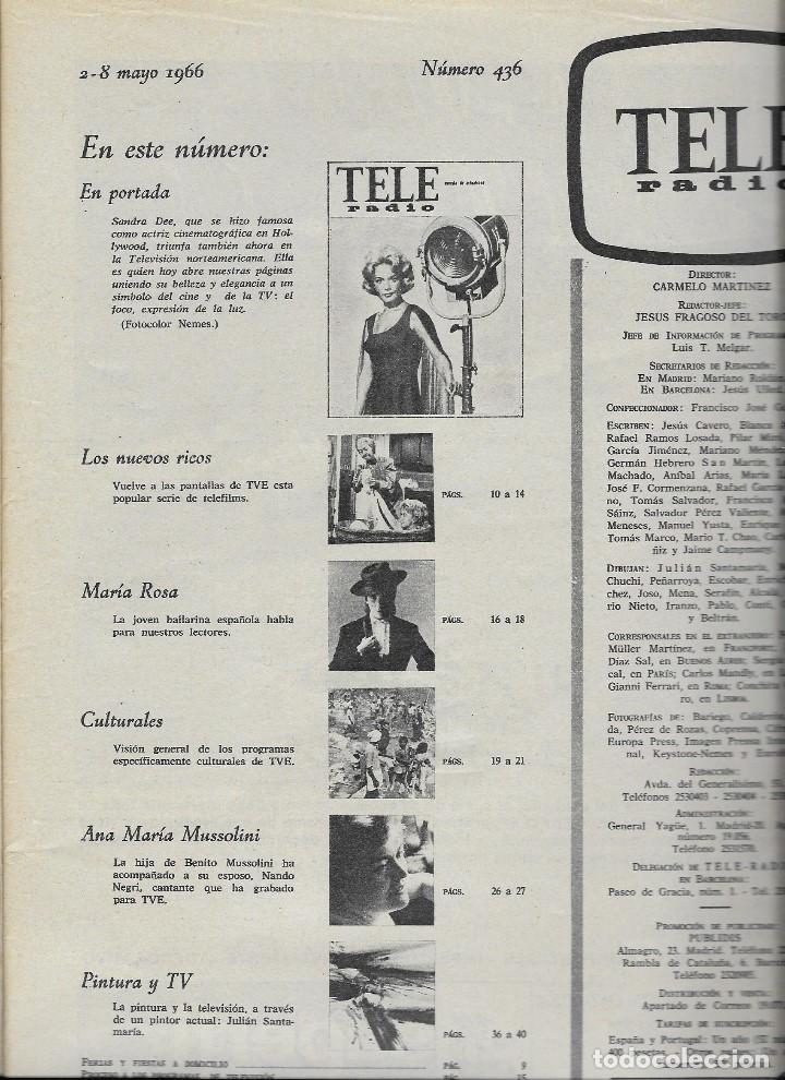 Coleccionismo de Revista Teleprograma: REVISTA TELE RADIO Nº 436, 2-8 MAYO 1966, SANDRA DEE, JOHNNY HALLYDAY EN PAGINAS INTERIORES - Foto 2 - 198628423