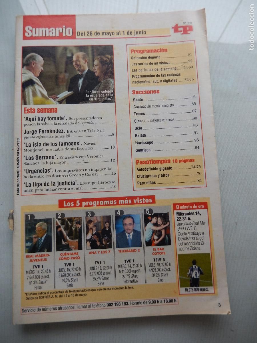 Coleccionismo de revista Teleprograma: TP TELEPROGRAMA - N&ordm; 1938-26 -MAYO 2003-AQUI HAY TOMATE - LOS SERRANO - Foto 1