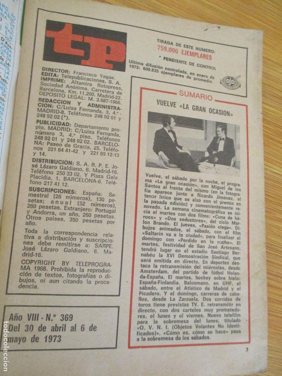Coleccionismo de revista Teleprograma: TP- TELEPROGRAMA-NUM.- 369- DE 1973 - Foto 4