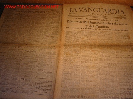 Coleccionismo de revistas y peri&oacute;dicos: DIARIO LA VANGUARDIA A&Ntilde;O 1939 -DISCURSOS DE QUEIP0 DE LLANO Y DEL CAUDILLO