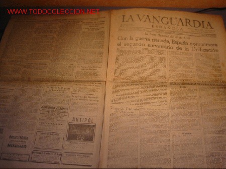 Coleccionismo de revistas y peri&oacute;dicos: DIARIO LA VANGUARDIA A&Ntilde;O 1939