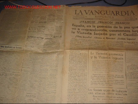 Collezionismo di Riviste e Giornali: DIARIO LA VANGUARDIA A&Ntilde;O 1939 - ESPA&Ntilde;A CONMEMORA LA VICTORIA DE EL CAUDILLO
