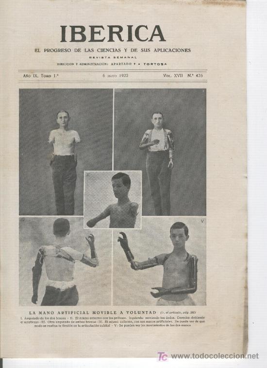 Sammeln von Zeitschriften und Zeitungen: REVISTA IBERICA. 1922. PROTESIS DE BRAZO Y MANO. MEDICINA.  ORTOPEDIA. MANA ARTIFICIAL. 426