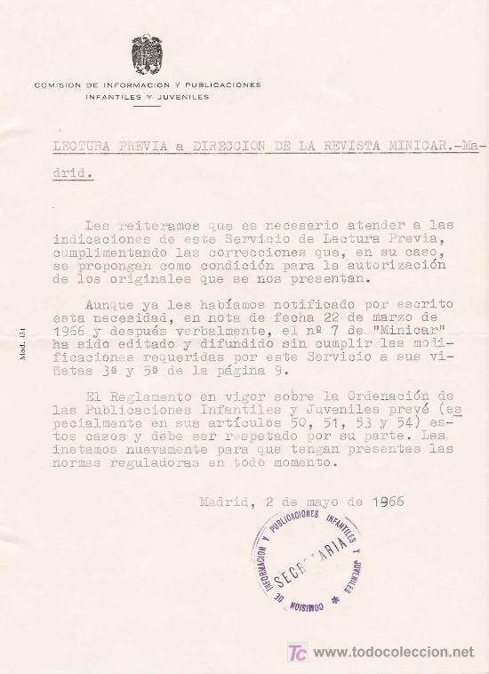Collectionnisme de Revues et Journaux: Escrito sobre censura de prensa infantil dirigido a la revista Minicar - 1966