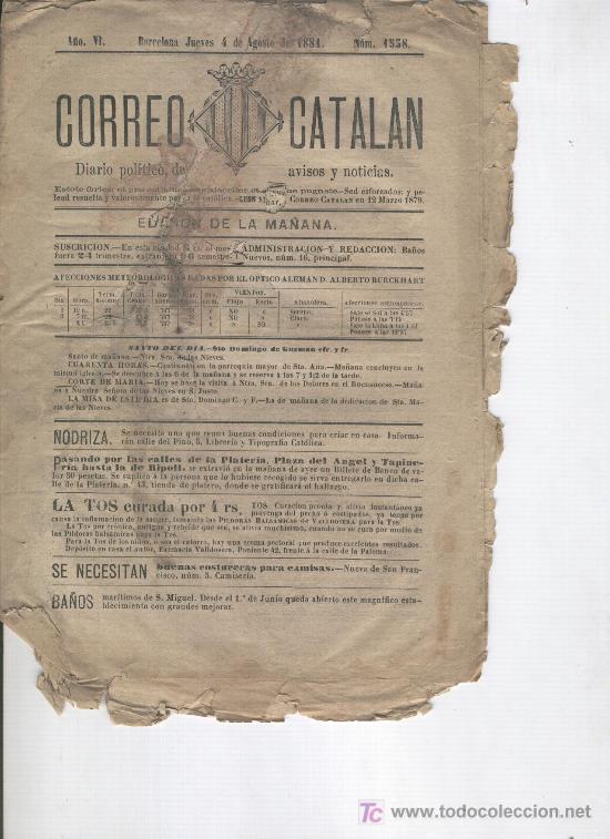 Sammeln von Zeitschriften und Zeitungen: DIARIO POLITICO CORREO CATALAN. A&Ntilde;O 1881. FESTES A CARDEDEU.  POLLENSA. ELS AGUSTINETS DE GRANOLLERS