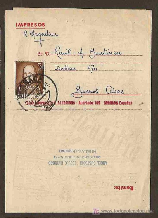 Sammeln von Zeitschriften und Zeitungen: GRANADA - impreso POSTAL a ARGENTINA - 1952 PUBLICIDAD CLUB INTERNACIONAL ALHAMBRA
