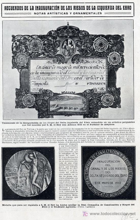Coleccionismo de Revistas y Peri&oacute;dicos: AMPOSTA RIEGOS 1912 MEDALLAS Y PLACA HOJA REVISTA