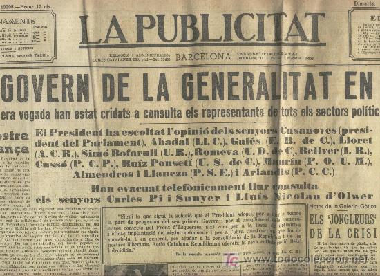 Collezionismo di Riviste e Giornali: LA PUBLICITAT. 26-05-1936. LA GENERALITAT EN CRISI. POUM. PCP. UR. LLC. I. R. PCC.