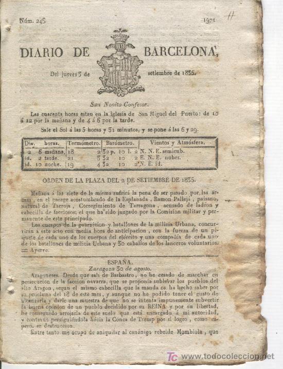 Collezionismo di Riviste e Giornali: DIARIO DE BARCELONA A&Ntilde; 1835 PRIMERA GUERRA CARLISTA OCA&Ntilde;A AREN BARBASTRO HUESCA TREMP TALARN CABRERA