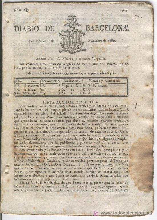 Colecionismo de Revistas e Jornais: DIARIO DE BARCELONA A&Ntilde; 1835 PRIMERA GUERRA CARLISTA JUNTA DE CATALU&Ntilde;A PONS OREJITA VISO DEL MARQUES