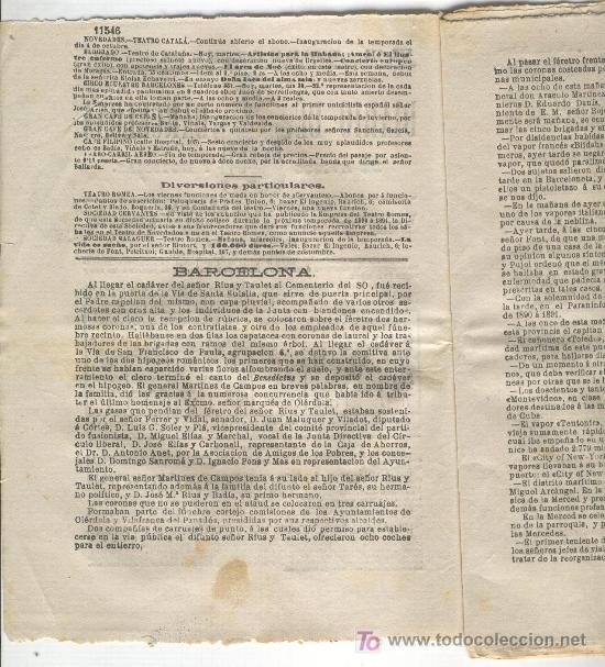 Collezionismo di Riviste e Giornali: DIARIO BARCELONA 1890 MUERTE DE RIUS TAULET OLOT SAN SEBASTIAN SAMANIEGO AYETE PIROTECNIA TARRUELLA