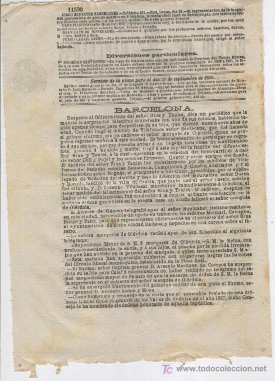 Coleccionismo de Revistas y Peri&oacute;dicos: DIARIO DE BARCELONA. 29-09-1890. RIUS Y TAULET. SALLENT. PALOMAR. LI&Ntilde;OLA. LINYOLA.