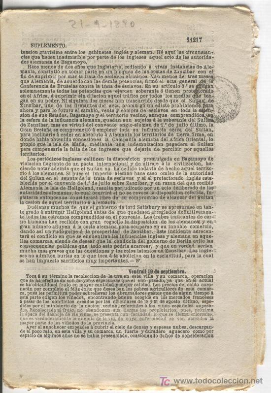 Coleccionismo de revistas y peri&oacute;dicos: DIARIO DE BARCELONA. 21-09-1890 VENDRELL BARA CREIXELL TORRADEMBARRA GIMNASIO BRICALL