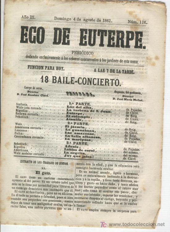 Collezionismo di Riviste e Giornali: PERIODICO. ECO DE EUTERPE. 4-08-1861. ANSELMO CLAVE. CANT. CANTO. CORAL. BARCELONA.