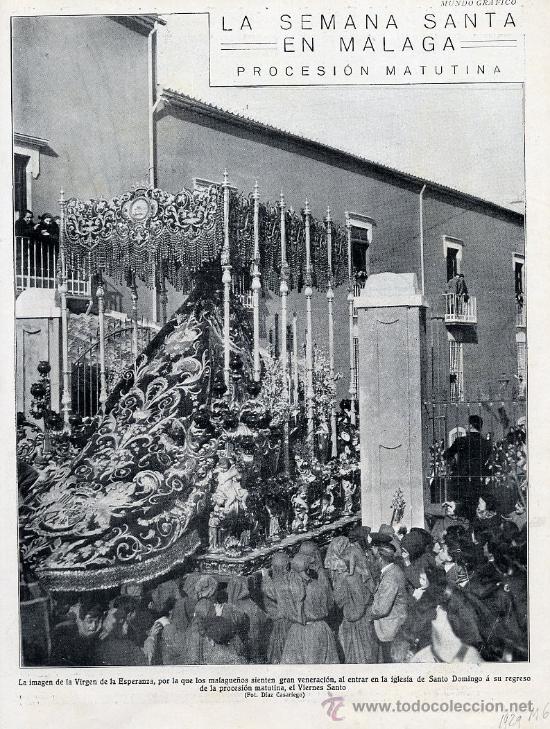 Coleccionismo de Revistas y Peri&oacute;dicos: MALAGA 1929 SEMANA SANTA VIRGEN DE LA ESPERANZA FOTO HOJA REVISTA