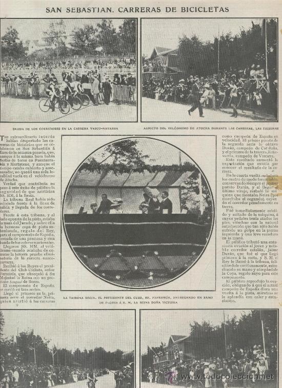Coleccionismo de revistas y peri&oacute;dicos: RECORTE DE PRENSA. . A&Ntilde;O 1908. SAN SEBASTIAN. CARRERA DE BICICLETAS. CICLISMO.JAIME DURAN. VELODROMO