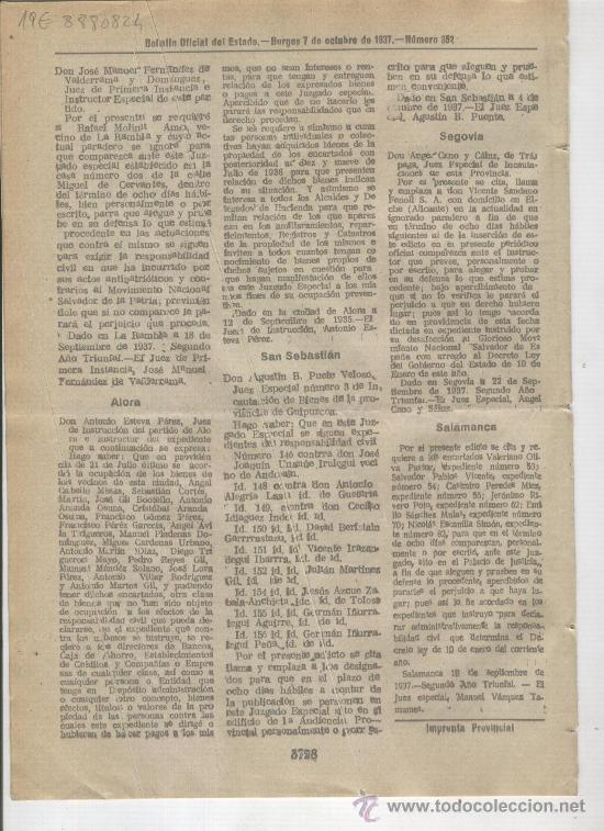 Coleccionismo de revistas y peri&oacute;dicos: BOLETIN. GUERRA CIVIL. A&Ntilde;O 1937.GRANADA. LEON.LA RAMBLA.ALORA. SEGOVIA. SALAMANCA.SAN SEBASTIAN.